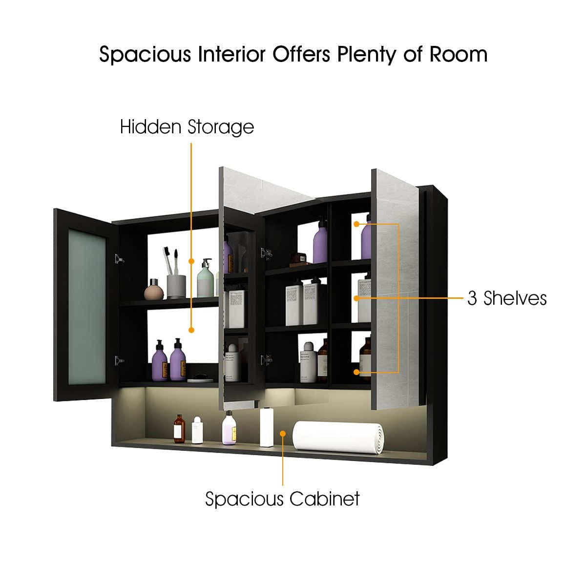 DS BD Bathroom Mirror Cabinet Medicine Storage Organiser LED Lights Doors Black