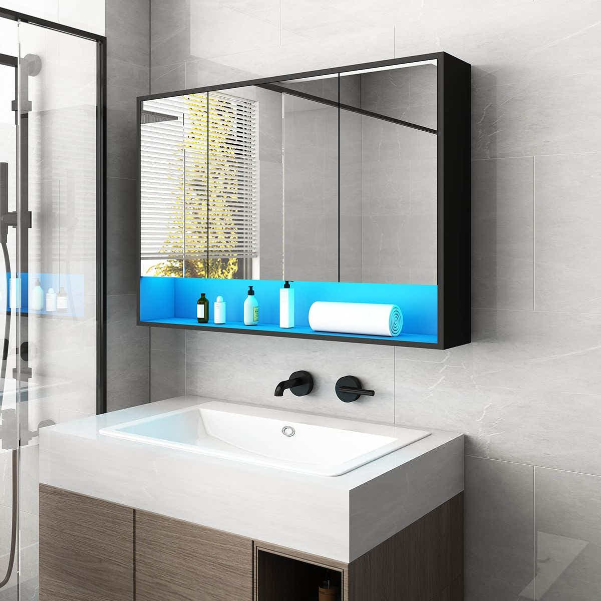DS BD Bathroom Mirror Cabinet Medicine Storage Organiser LED Lights Doors Black