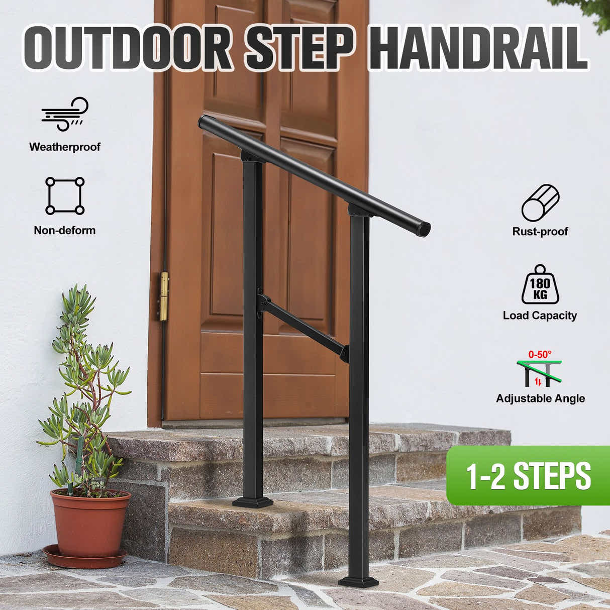 DS BD Stair Handrail 1 to 2 Steps Black Metal Adjustable Safety Guard
