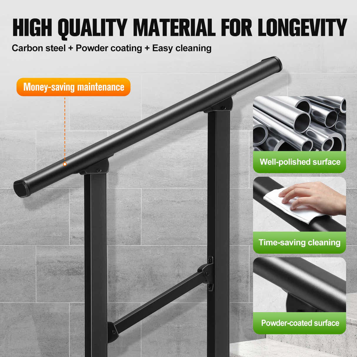 DS BD Stair Handrail 1 to 2 Steps Black Metal Adjustable Safety Guard