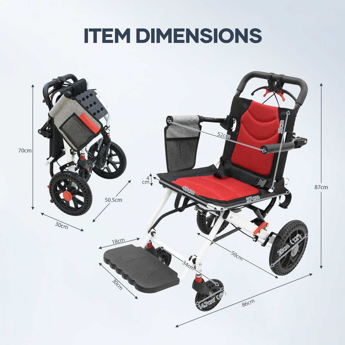DS BD 12 Inch Folding Wheelchair Mobility Disability Aid PU Wheel Lightweight