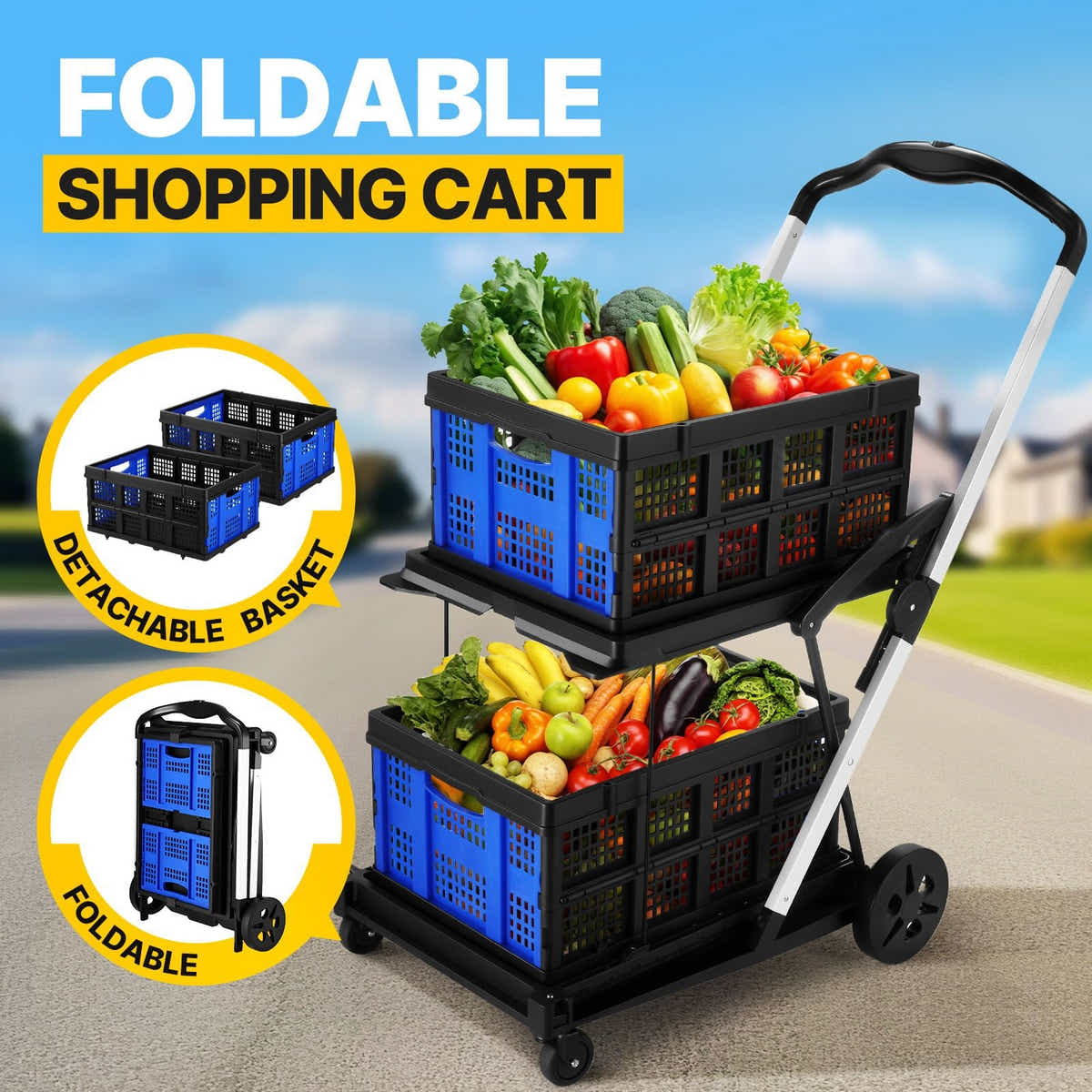 DS BD Folding Hand Truck Dolly Utility Luggage Trolley 2 Baskets 4 Wheels