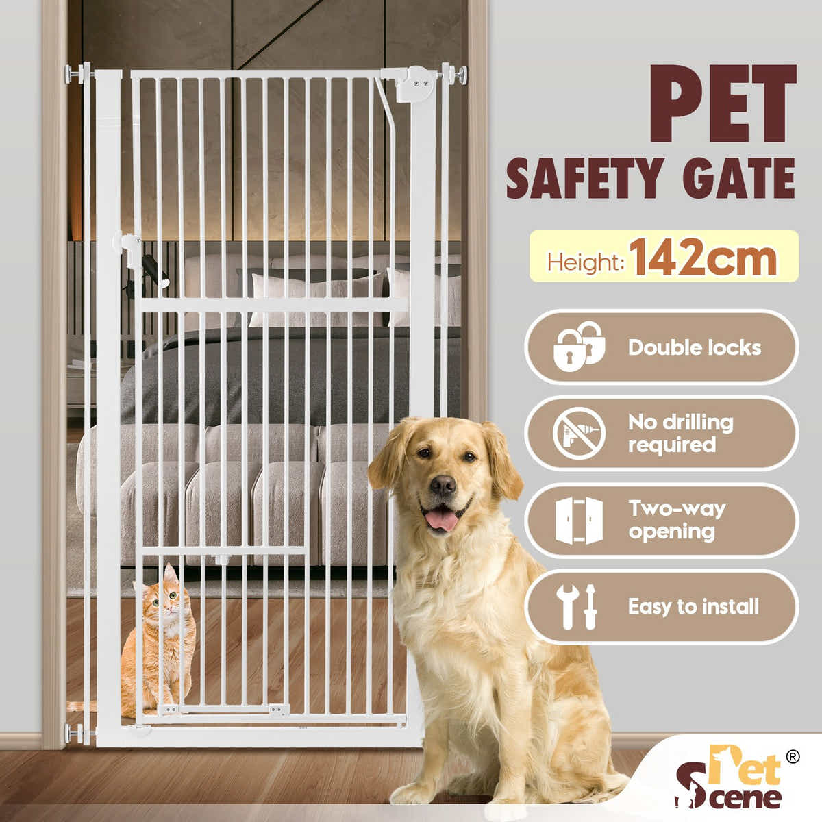 DS BD Safety Gate Dog Cat Extra Tall Retractable Fence Door 142cm Height White