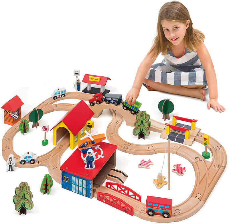DS BS Wooden Train Tracks & Trains Construction Toys-Railway Station