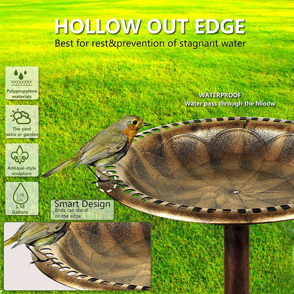 DS BS Outdoor Traditional Resin Garden Bird Bath-Copper