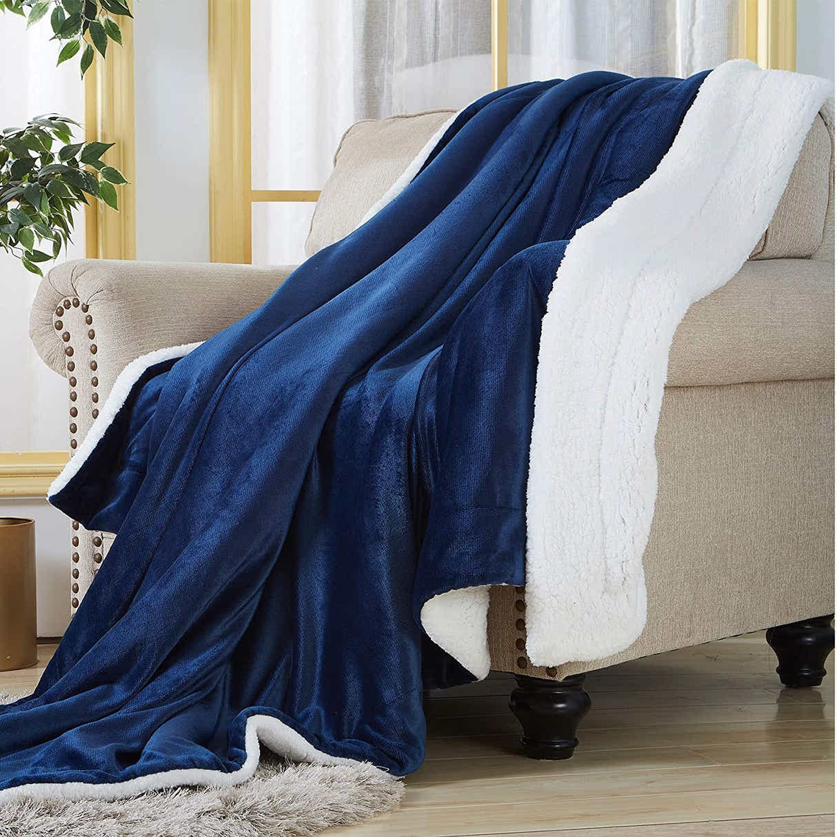DS BS Thick Fuzzy Soft Sherpa Fleece Bed Sofa Blankets-Blue
