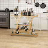 DS BD Bar Cart Wine Rack Drinks Gold Glass Holder Storage Rolling Metal Frame