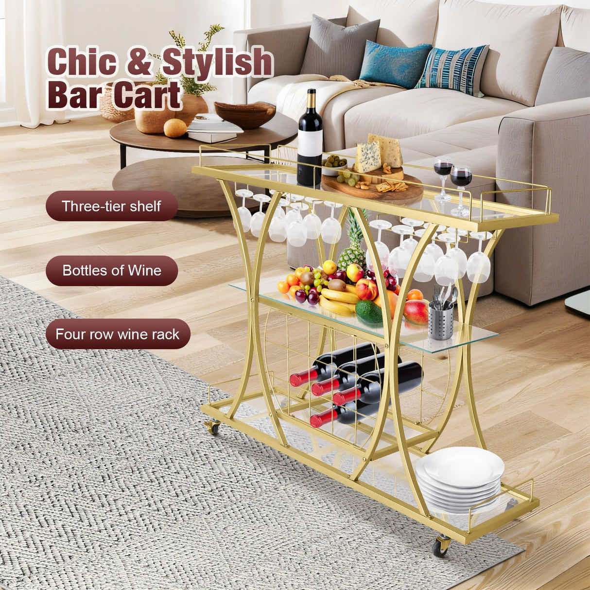 DS BD Bar Cart Wine Rack Drinks Gold Glass Holder Storage Rolling Metal Frame