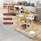 DS BD Bar Cart Wine Rack Drinks Gold Glass Holder Storage Rolling Metal Frame