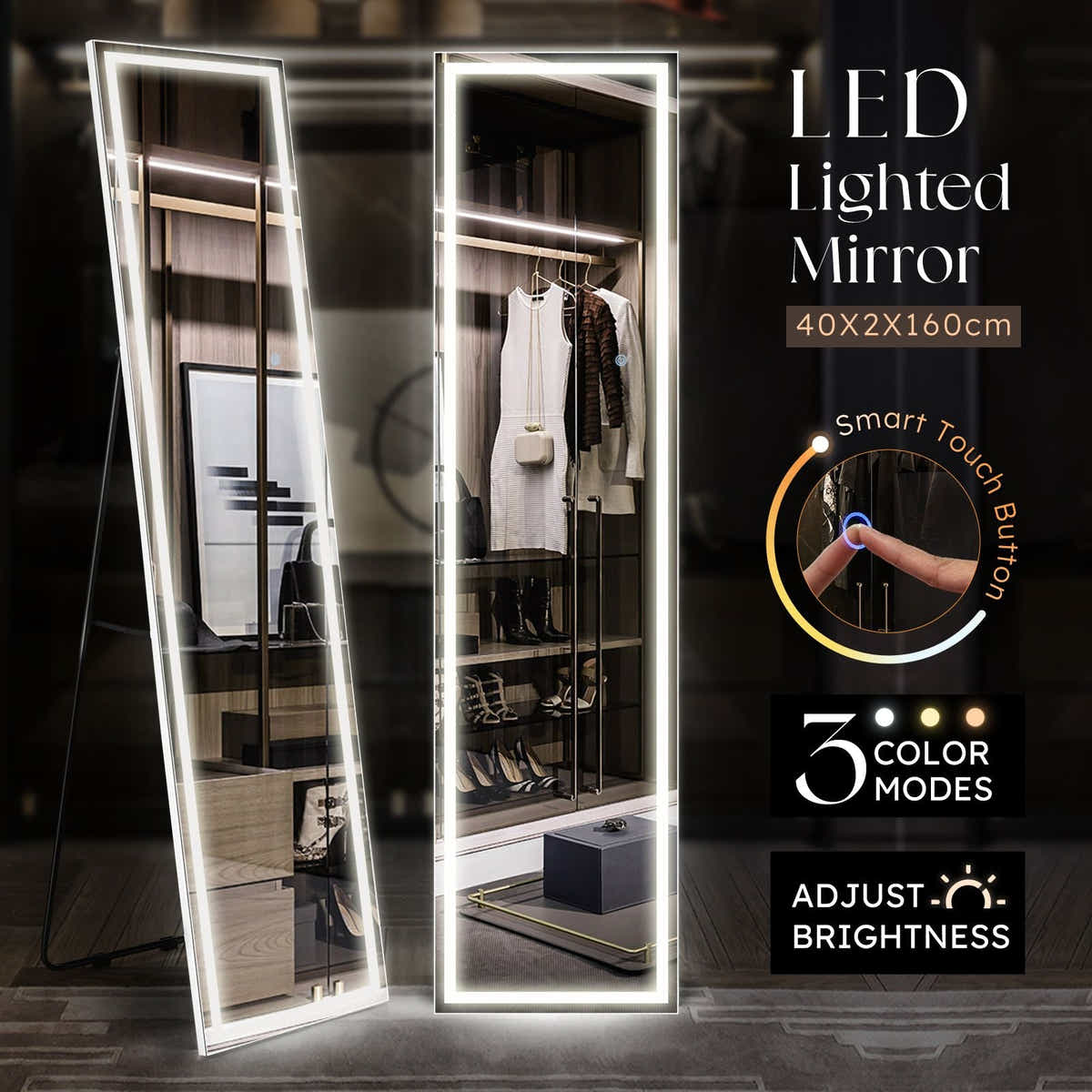 DS BD LED Full Length Mirror Floor Vanity Free Makeup 3 Light Colours 40x2x160cm