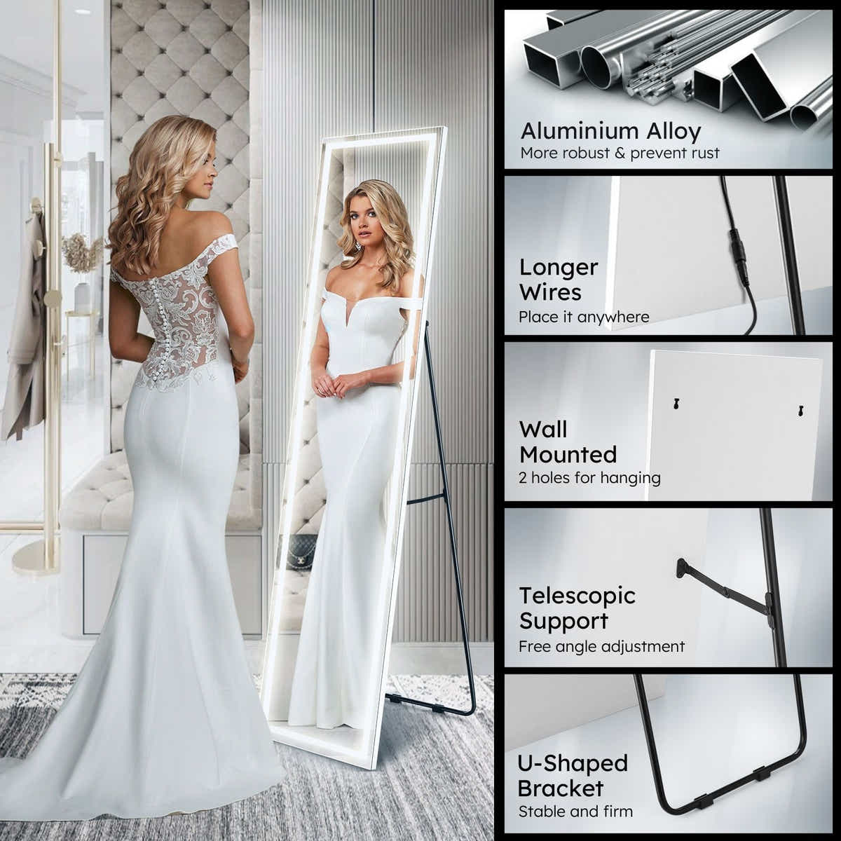 DS BD LED Full Length Mirror Floor Vanity Free Makeup 3 Light Colours 40x2x160cm