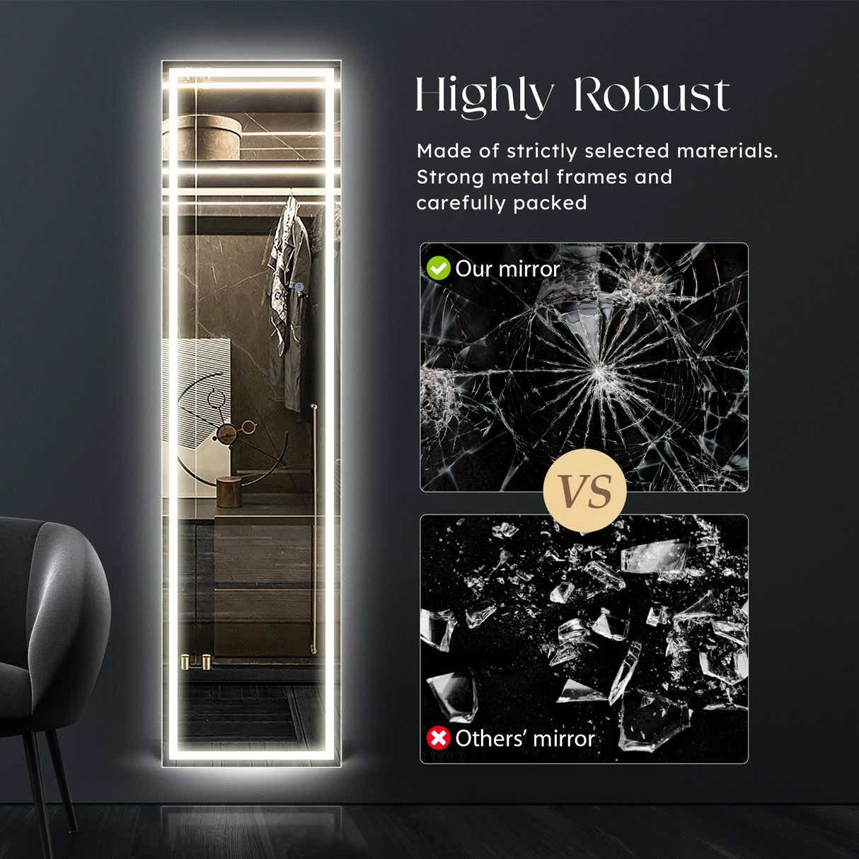 DS BD LED Full Length Mirror Floor Vanity Free Makeup 3 Light Colours 40x2x160cm