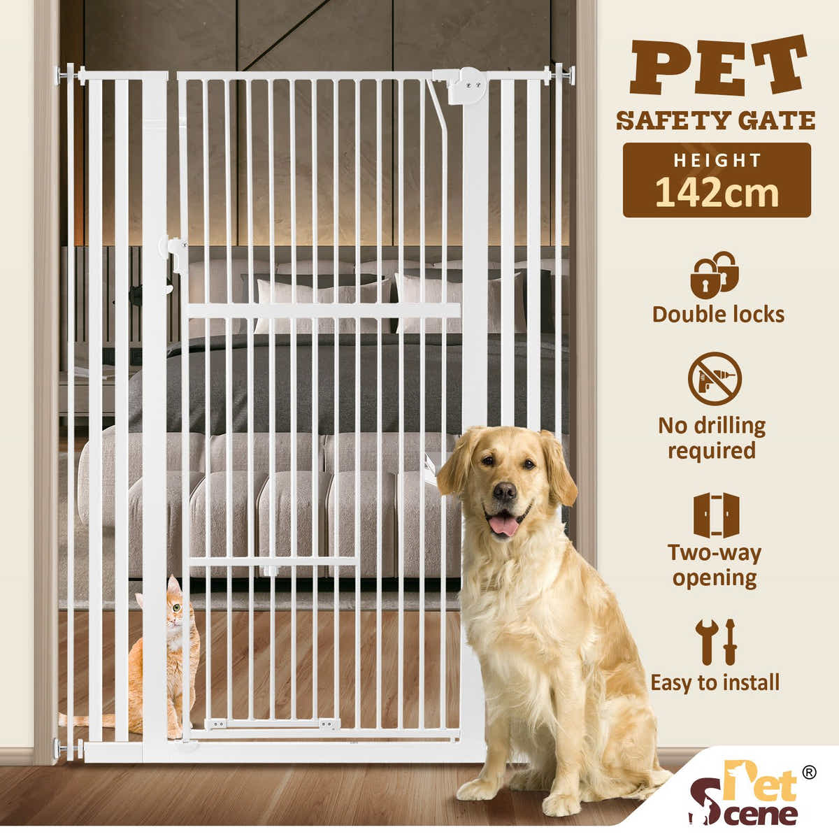 DS BD Safety Gate Dog Cat Security Extra Tall Retractable Door 75 to 105cm White