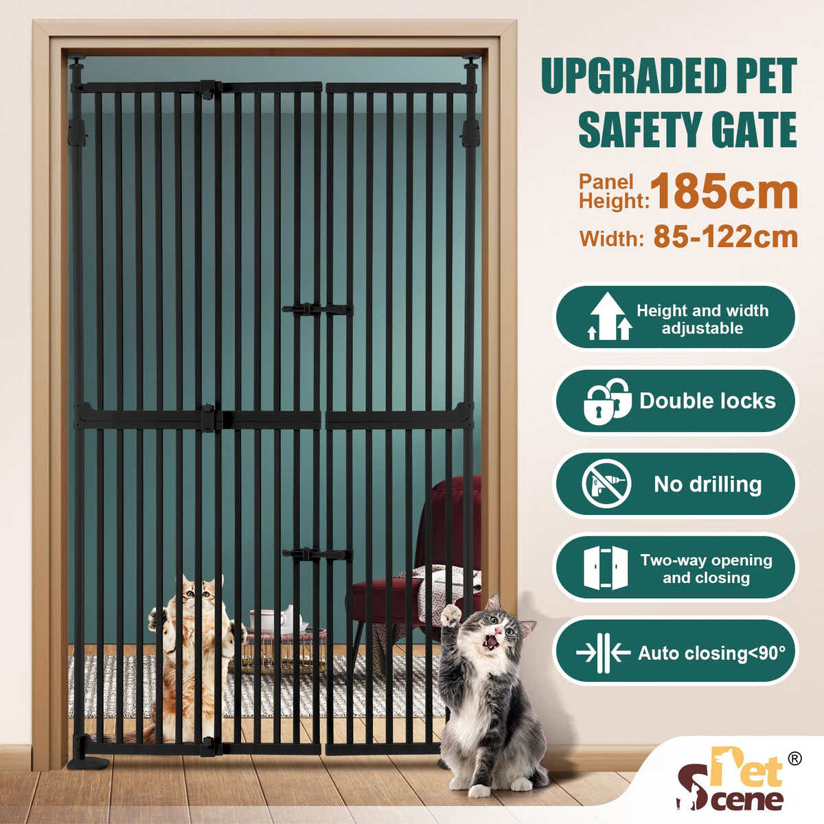 DS BD Safety Gate Retractable Dog Cat Extra Tall Fence 190 to 250cm Black