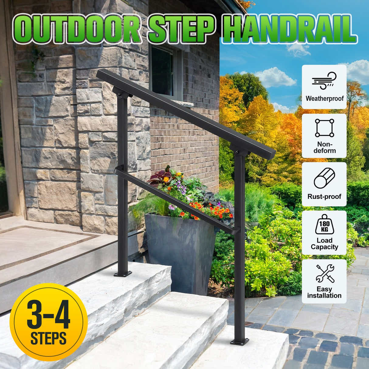 DS BD Stair Handrail 3 to 4 Steps Adjustable Safety Metal Guard Porches Black