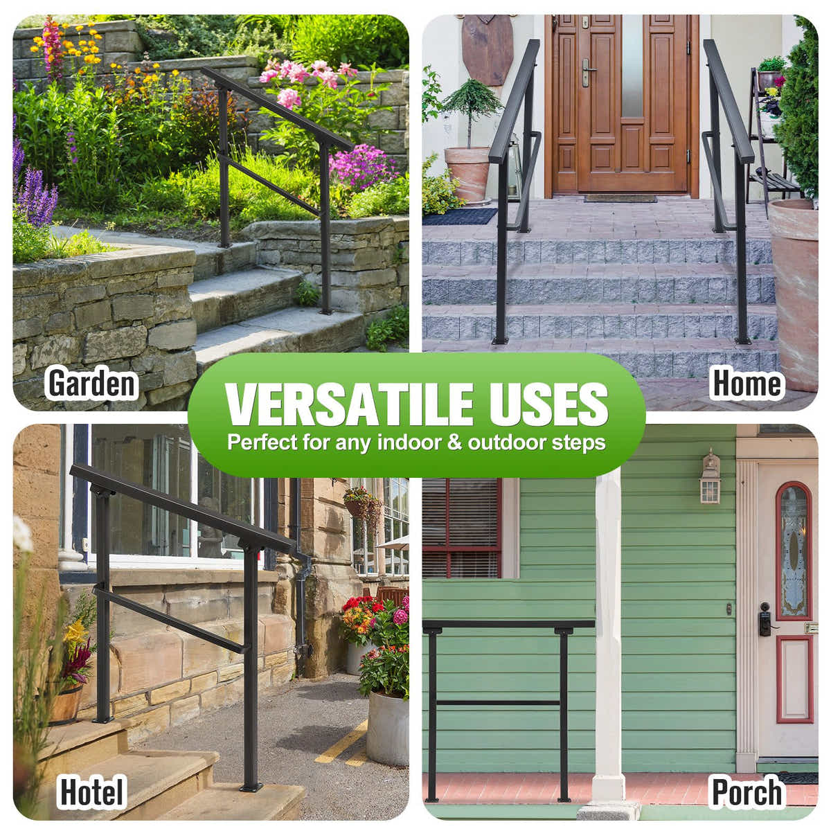 DS BD Stair Handrail 3 to 4 Steps Adjustable Safety Metal Guard Porches Black
