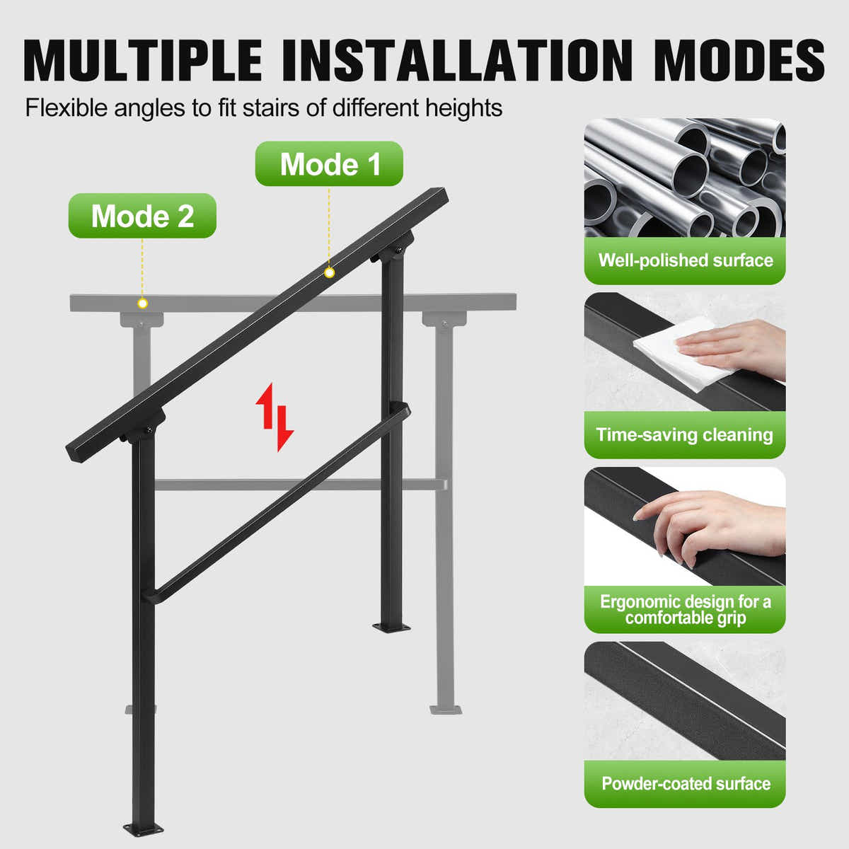 DS BD Stair Handrail 3 to 4 Steps Adjustable Safety Metal Guard Porches Black