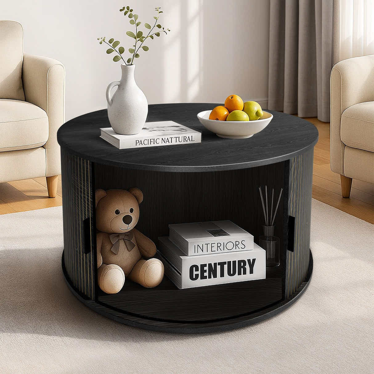 DS BD Round Coffee Table Bedside Sofa Storage End Tea Modern Black Sliding Door