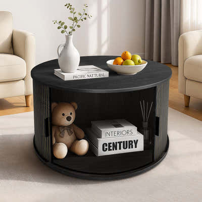 DS BD Round Coffee Table Bedside Sofa Storage End Tea Modern Black Sliding Door