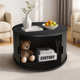 DS BD Round Coffee Table Bedside Sofa Storage End Tea Modern Black Sliding Door