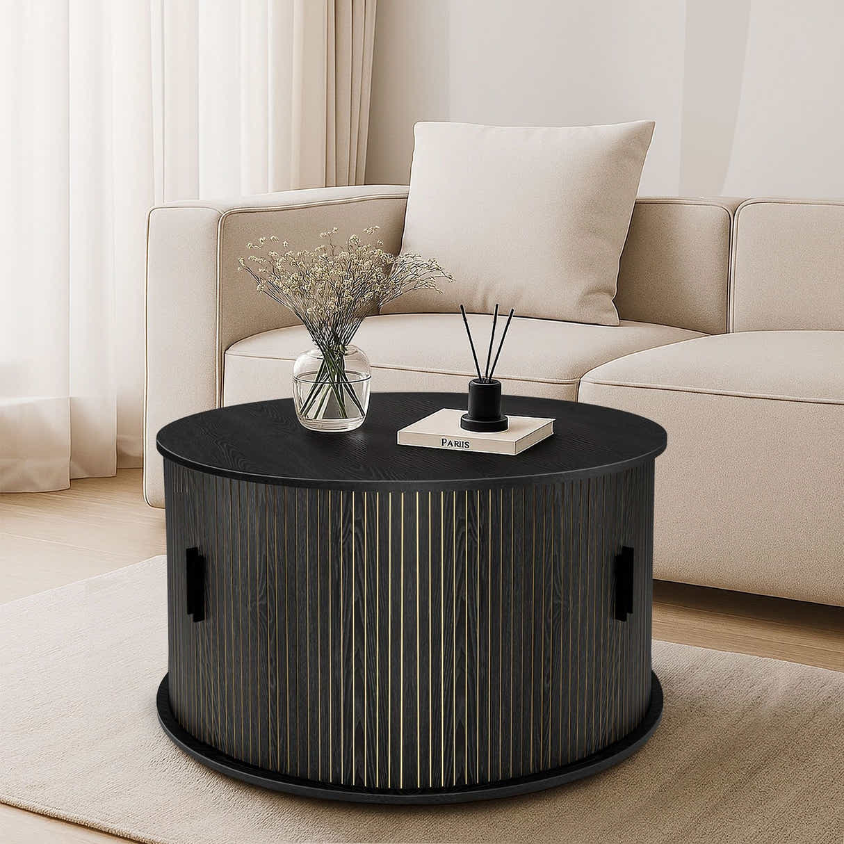 DS BD Round Coffee Table Bedside Sofa Storage End Tea Modern Black Sliding Door