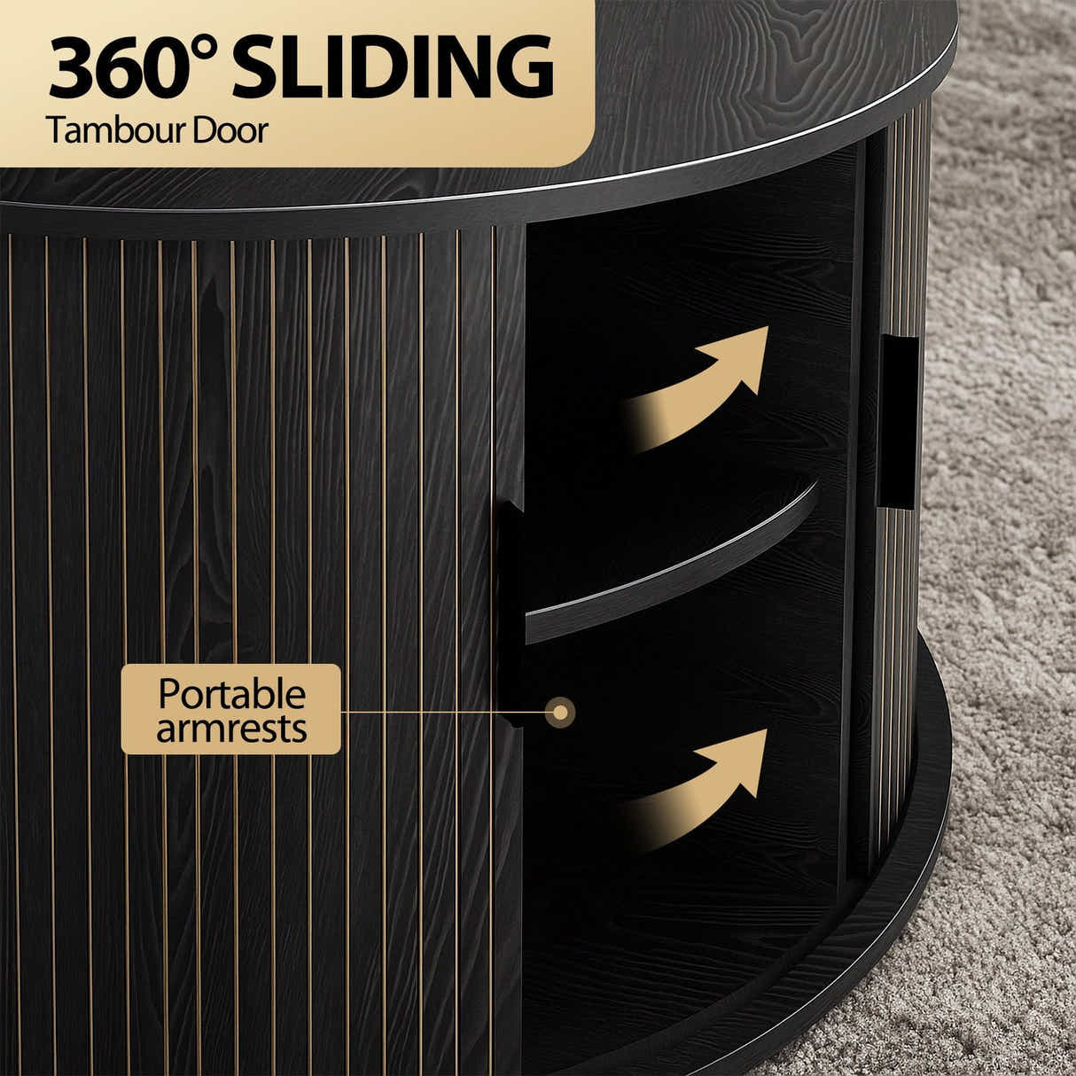 DS BD Round Coffee Table Bedside Sofa Storage End Tea Modern Black Sliding Door