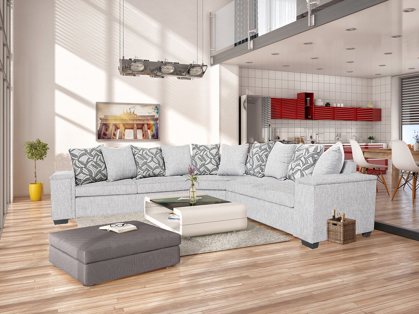 DS NZ made Ella corner sofa comfy silver with pattern cushions (Michigan)