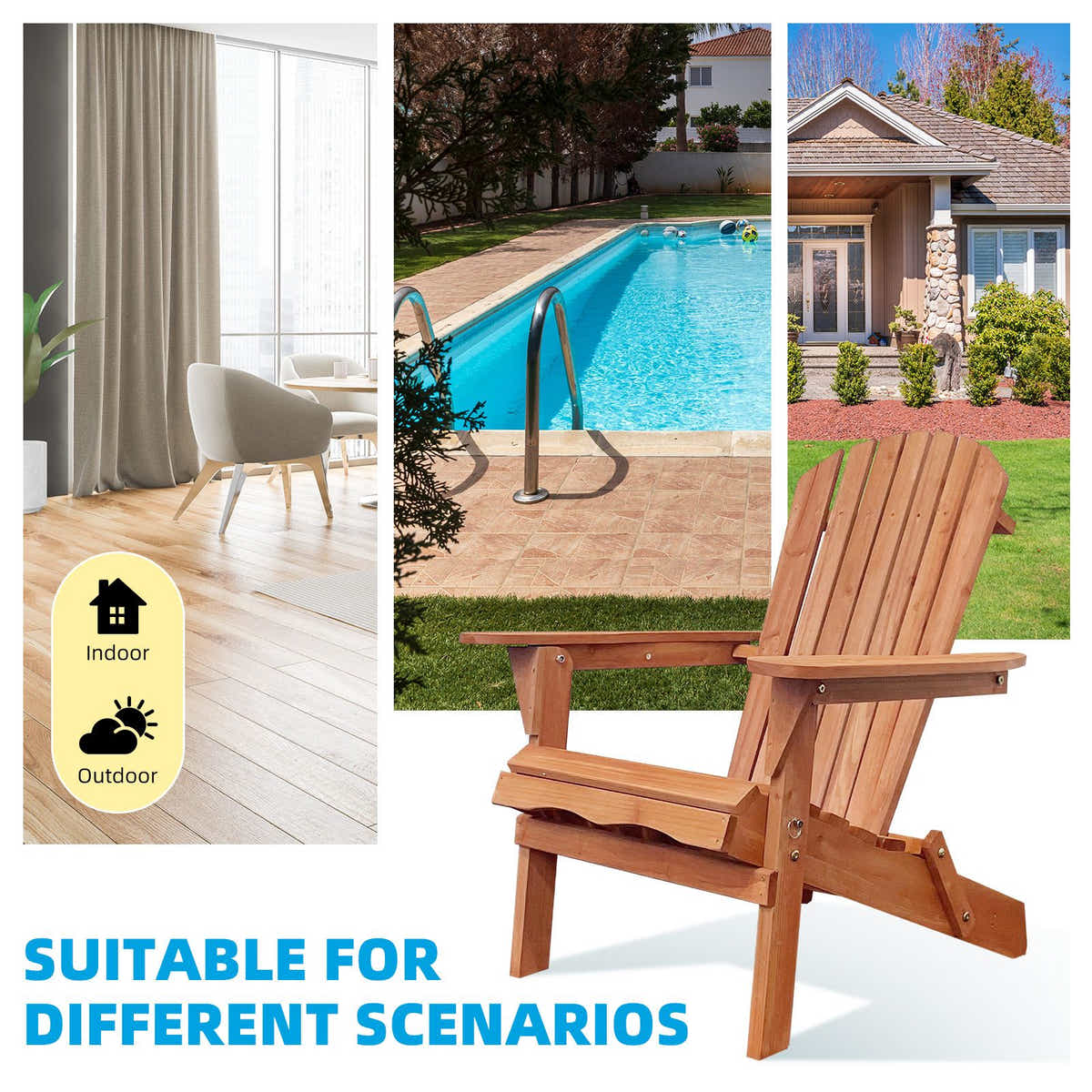DS BD Folding Adirondack Chair Wood Patio Backyard Beach Lounge Garden Fire Pit