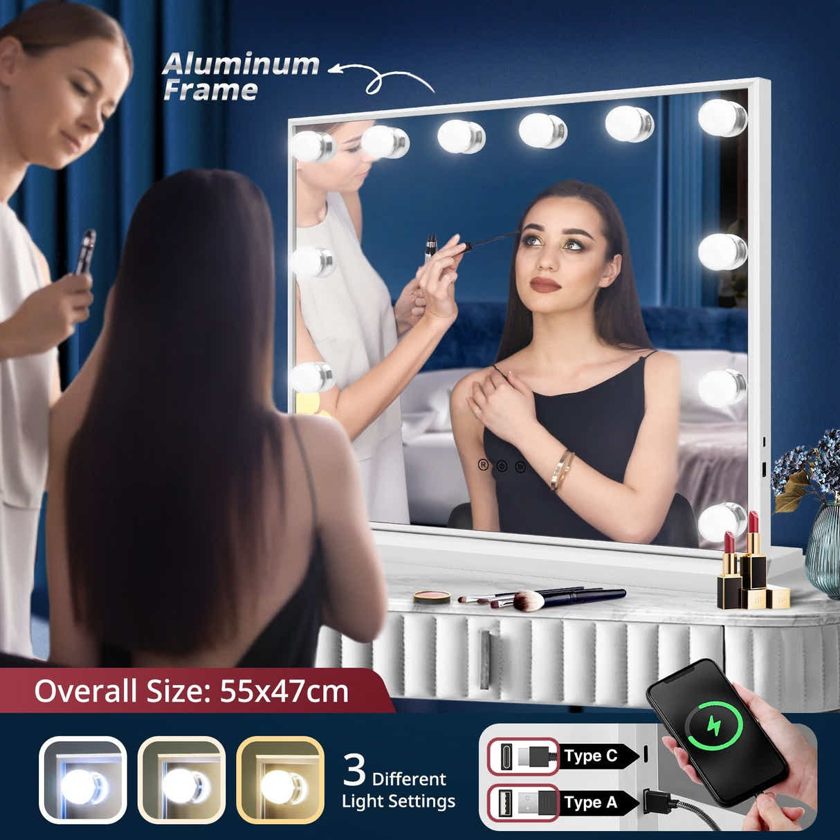 DS BD Hollywood Makeup Mirror Lights 12 LED Bulbs Vanity Tabletop Lighted Beauty