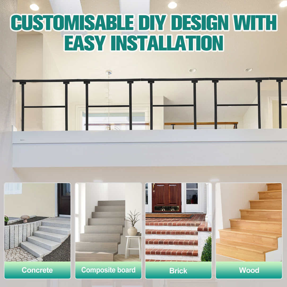 DS BD Stair Handrail Railings 4 to 5 Steps Safety Metal Guard Hand Rails Kit