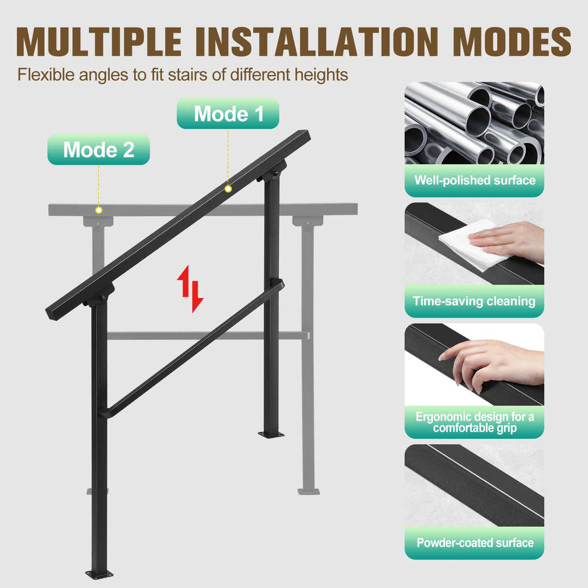 DS BD Stair Handrail Railings 4 to 5 Steps Safety Metal Guard Hand Rails Kit
