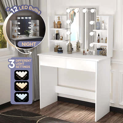 DS BD Hollywood Mirror Vanity Table Makeup Dresser White Dressing Desk Bedroom