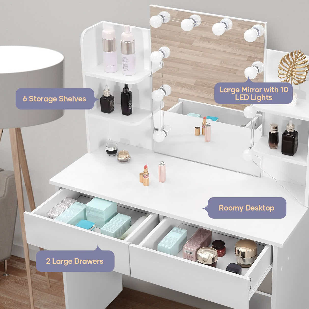 DS BD Hollywood Mirror Vanity Table Makeup Dresser White Dressing Desk Bedroom