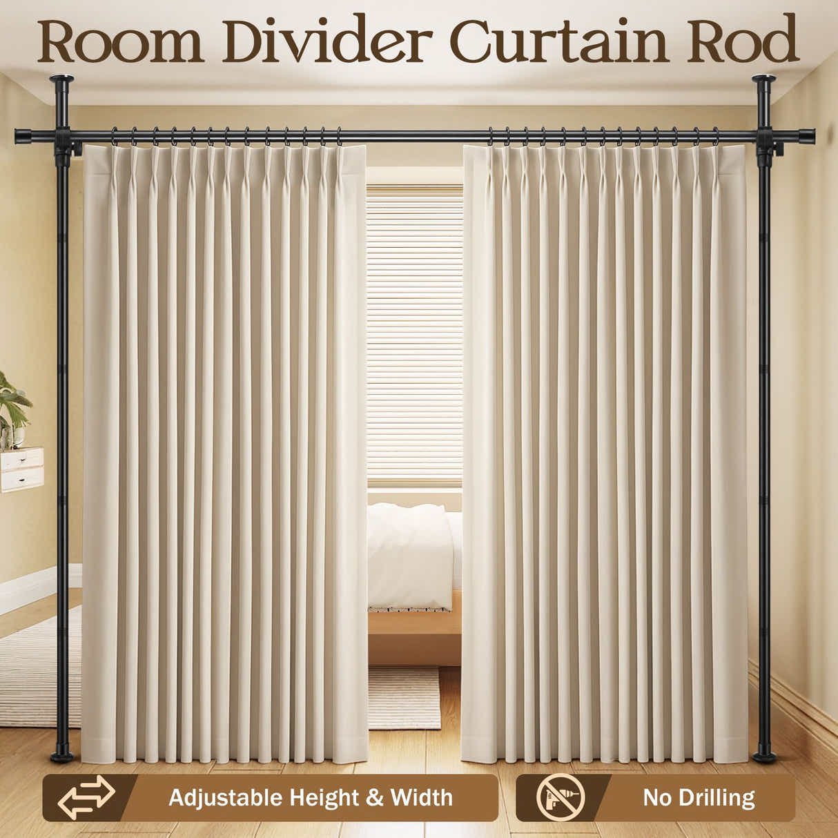 DS BD Room Divider Curtain Rod Separator No Drill Tension Wall Space Partition