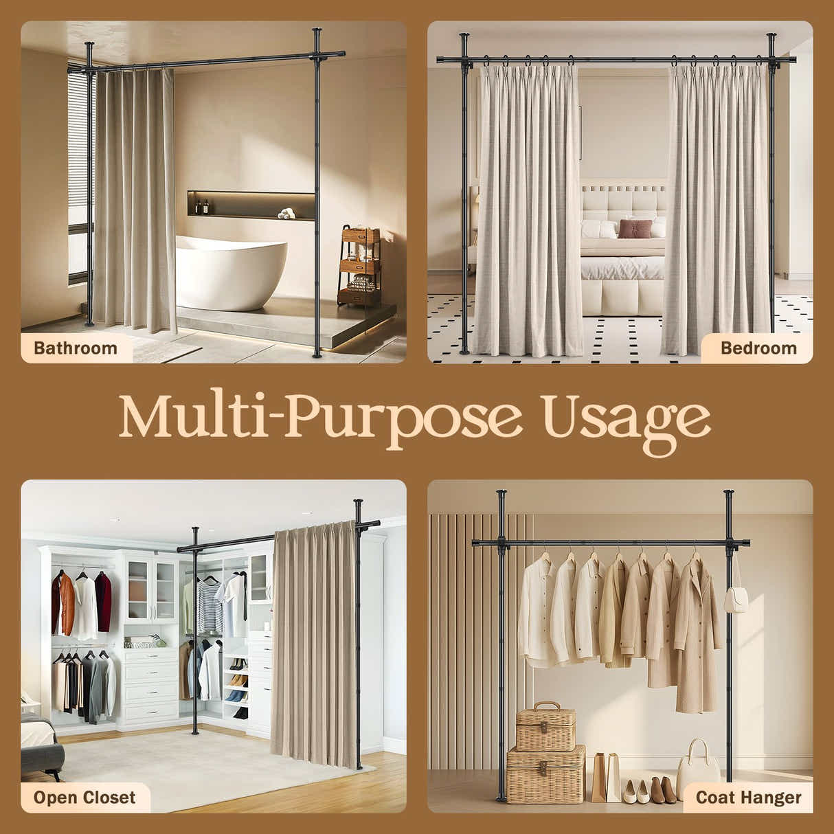 DS BD Room Divider Curtain Rod Separator No Drill Tension Wall Space Partition