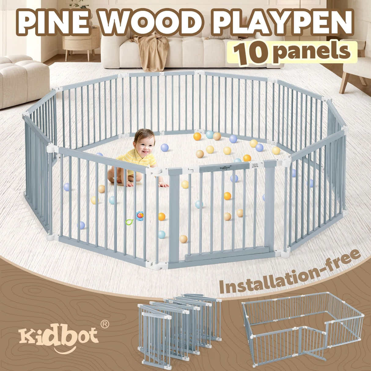 DS BD Kidbot Baby Playpen 10 Panel Wooden Safety Gate Kids Pet Dog Activity