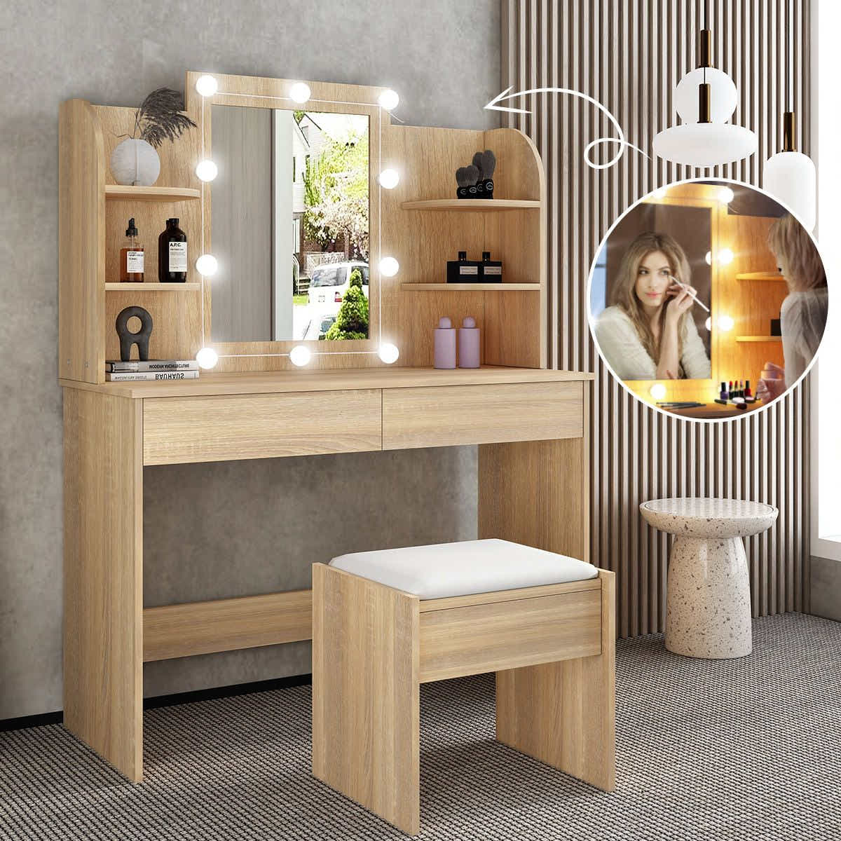 DS BD Dressing Table Lighting Dresser Vanity Makeup Mirror Desk Stool Set 10 LED