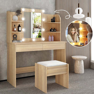 DS BD Dressing Table Lighting Dresser Vanity Makeup Mirror Desk Stool Set 10 LED