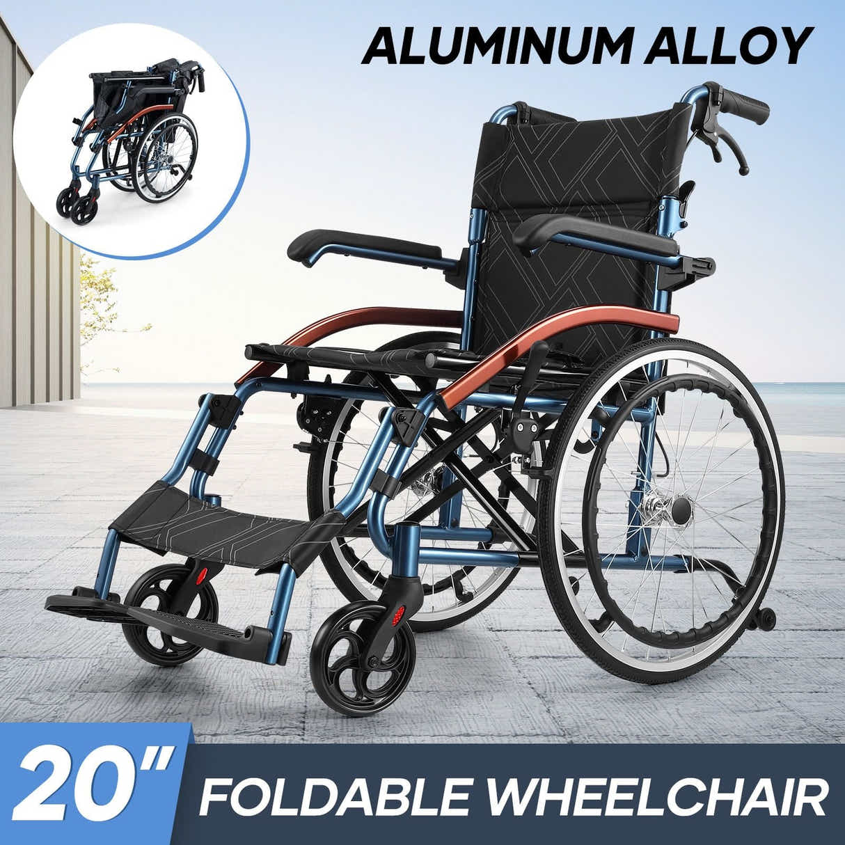 DS BD Folding Wheelchair 20Inch Mobility Disability Aid Travel Lightweight Wheel