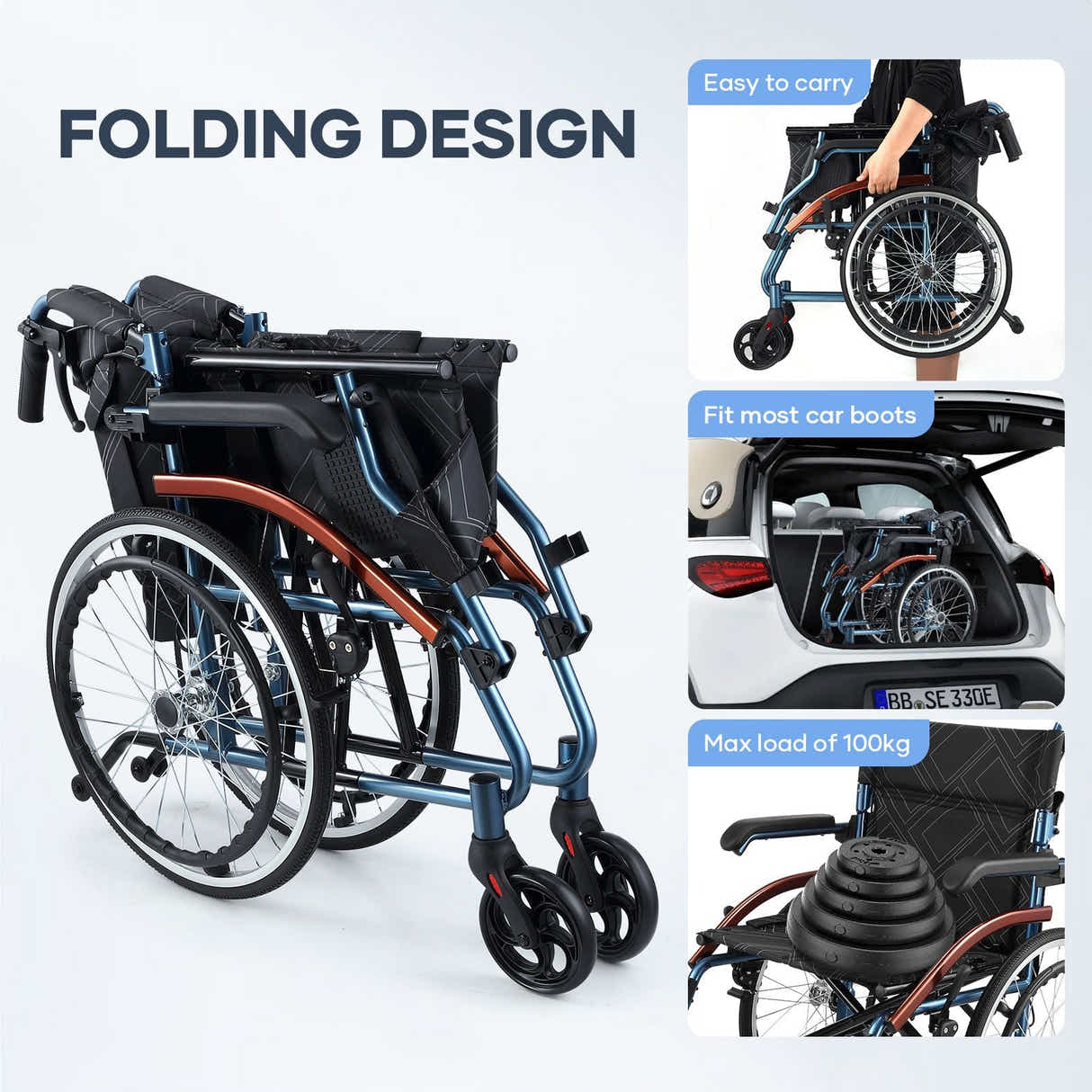 DS BD Folding Wheelchair 20Inch Mobility Disability Aid Travel Lightweight Wheel