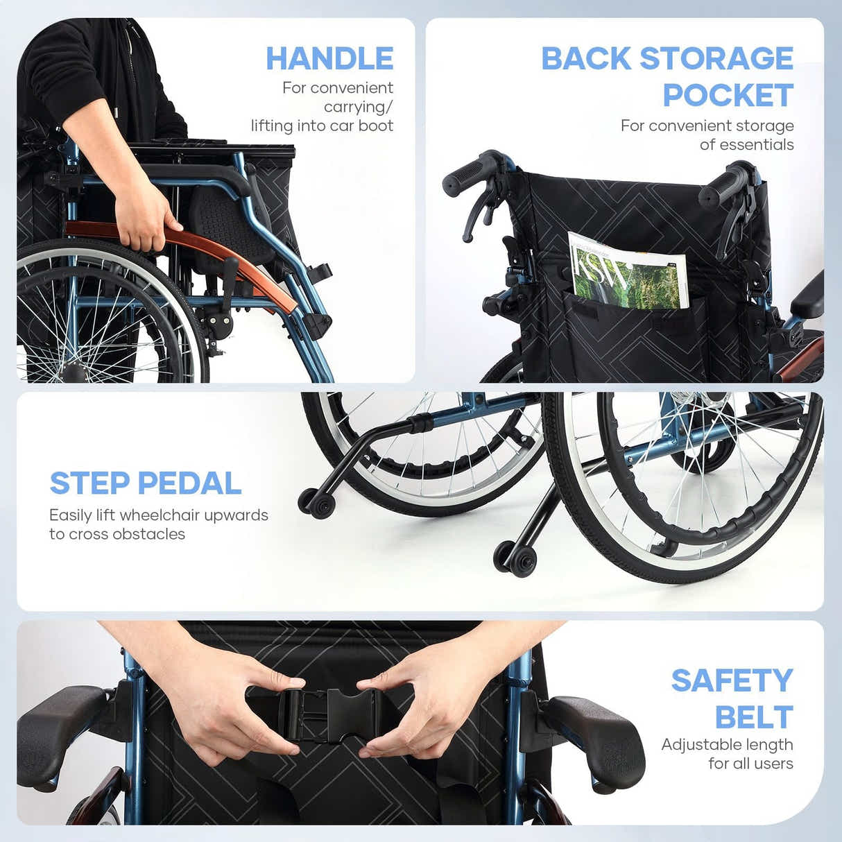 DS BD Folding Wheelchair 20Inch Mobility Disability Aid Travel Lightweight Wheel