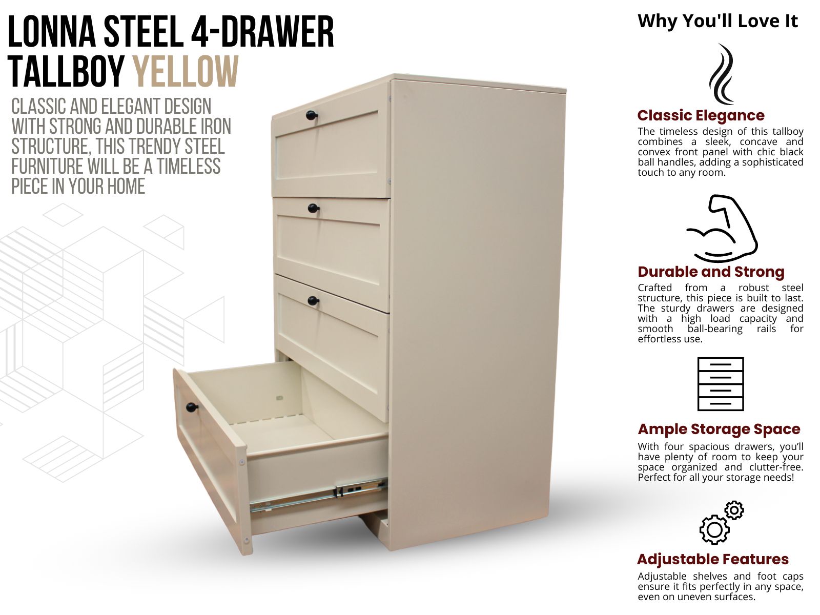 Lonna Steel 4-Drawer Tallboy - Butter Cream