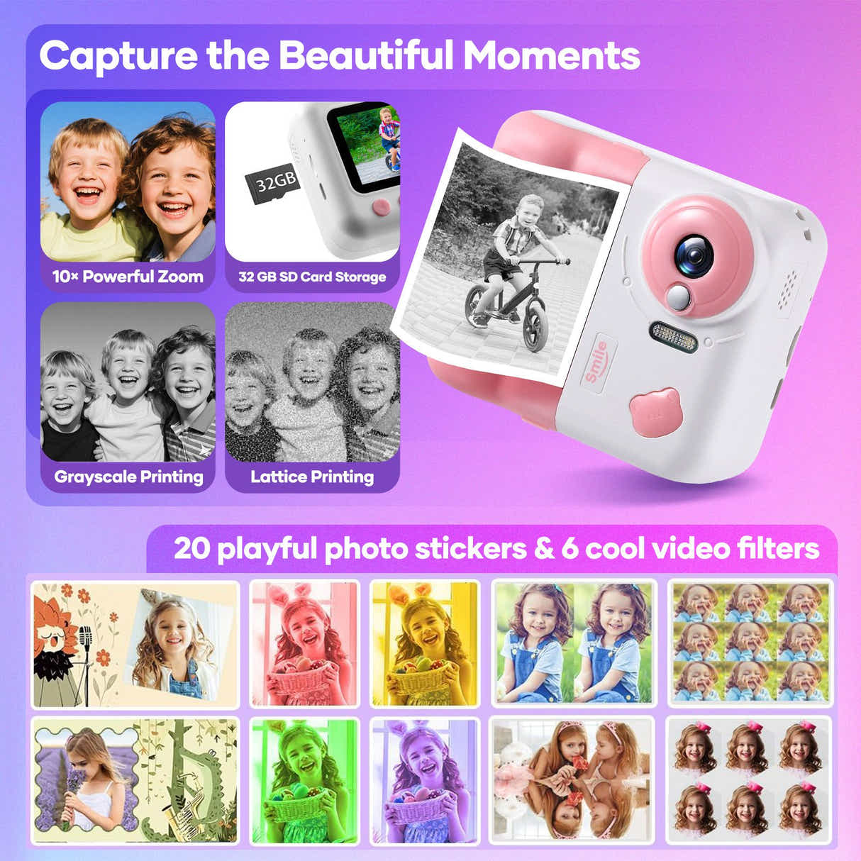 DS BD Kids Instant Camera Compact Digital 1080P HD Video Selfie Photo Print Play