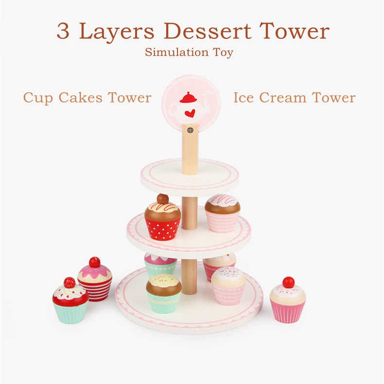 DS BS Wooden 3 Layer Cup Cakes Pretend Play Dessert Tower