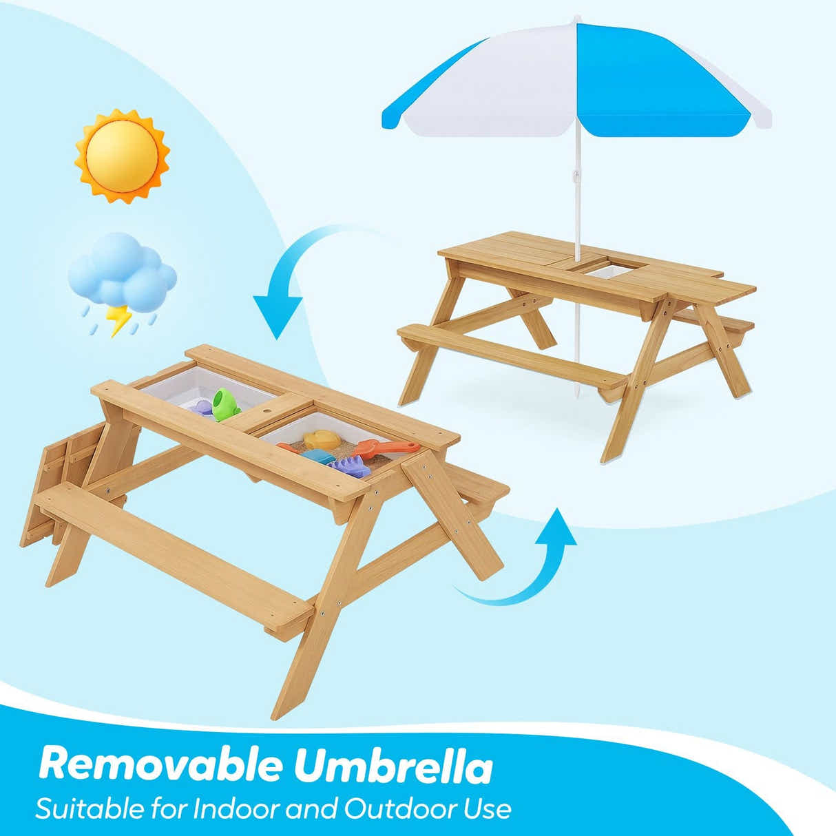 DS BD Kids Sand Water Table Chairs Set 3 in 1 Picnic Camp Activity Sandpit Desk