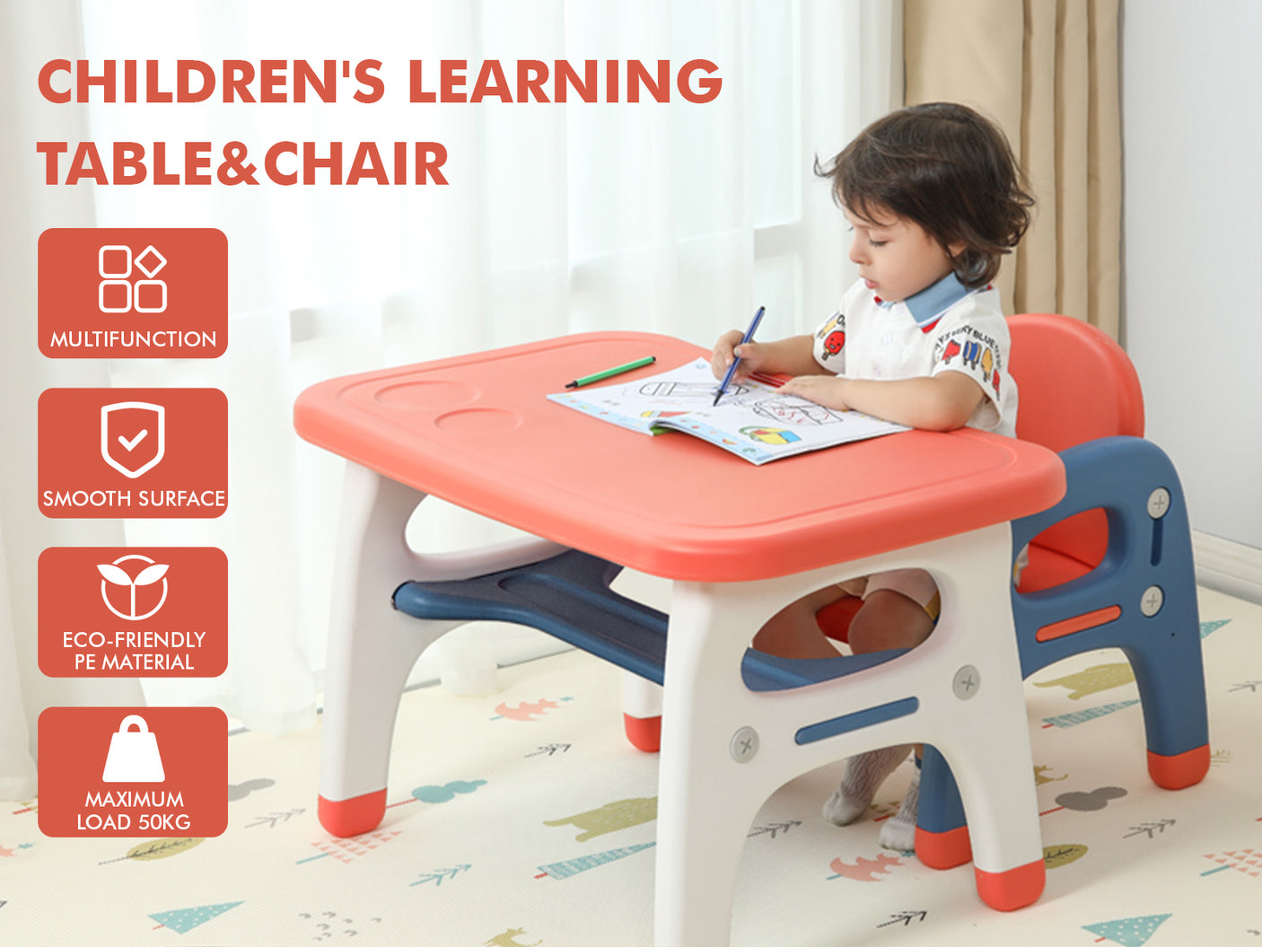Dinosaur table and chair Set 1+2 Orange Blue