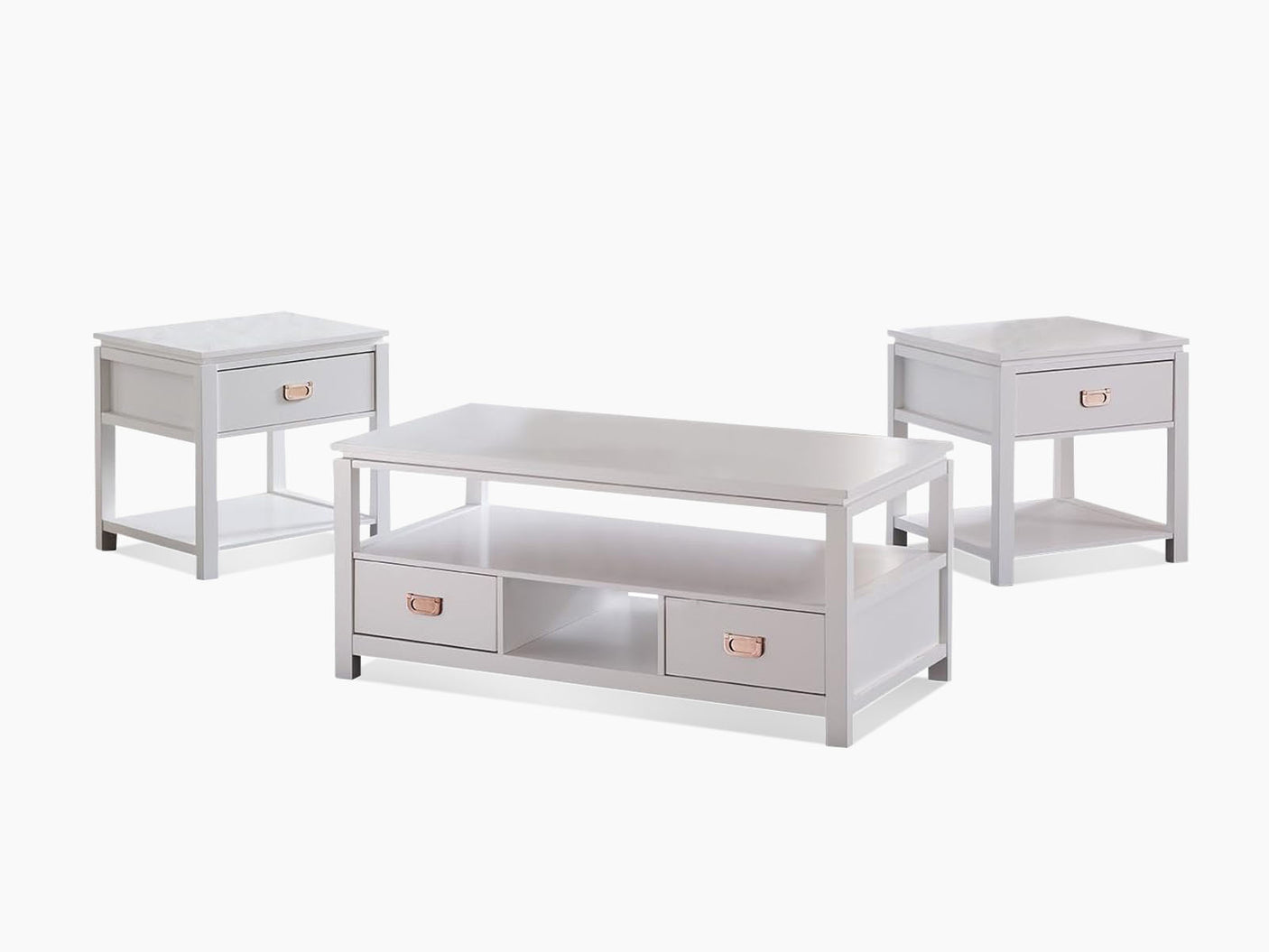 3 - Piece Solid Wood Top Living Room Table Set White