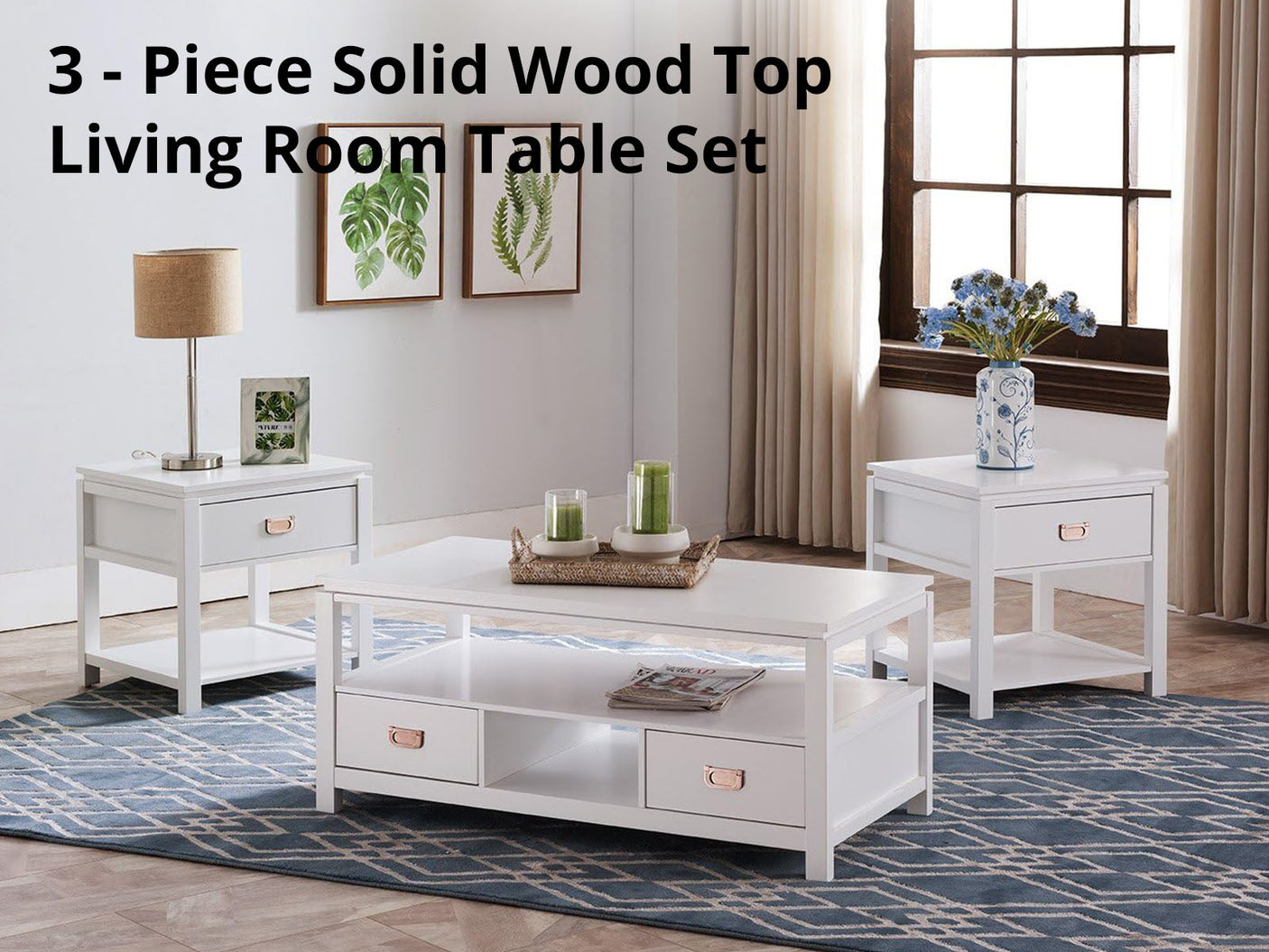 3 - Piece Solid Wood Top Living Room Table Set White