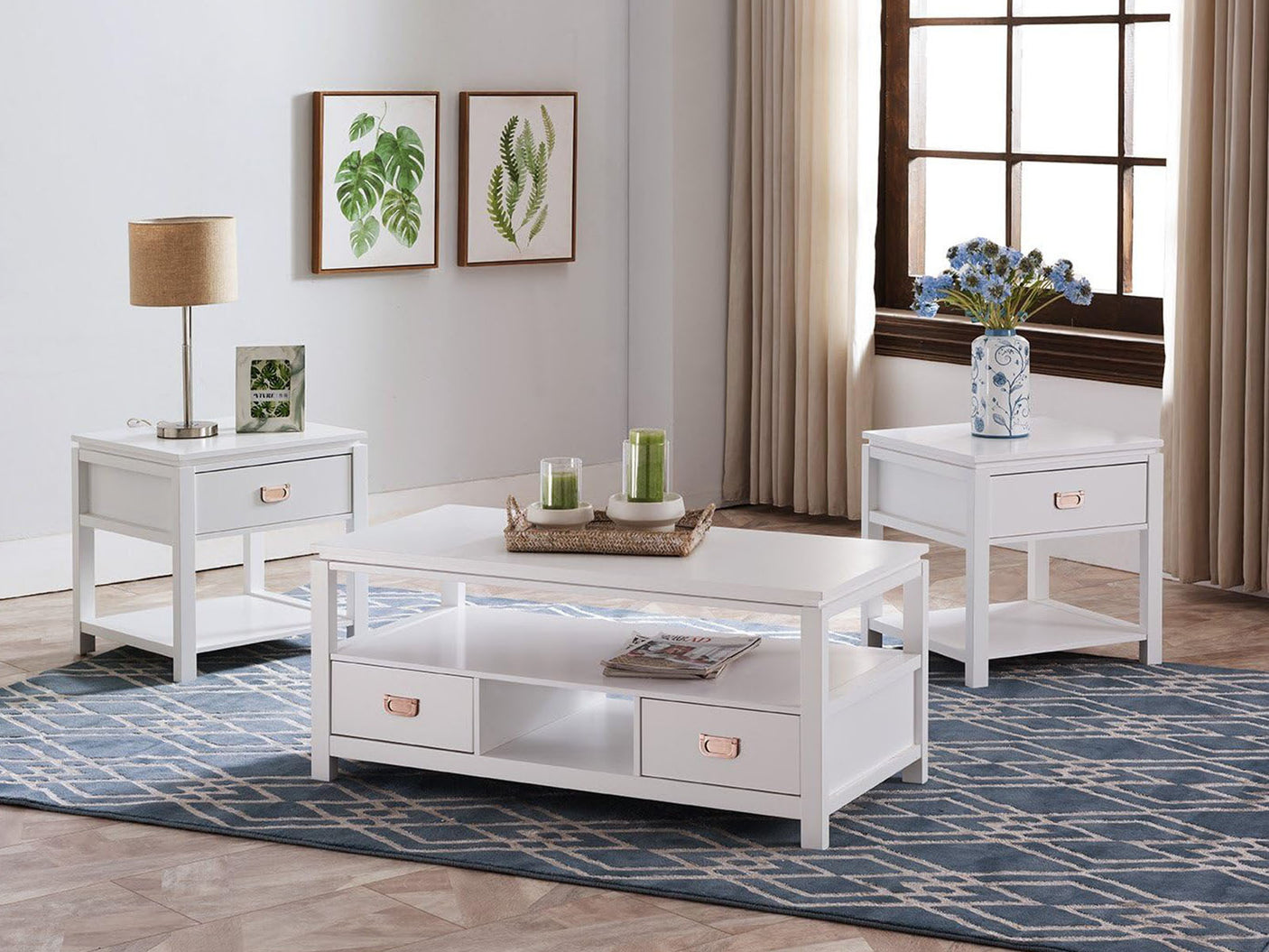 3 - Piece Solid Wood Top Living Room Table Set White