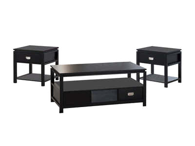 3-Piece Solid Wood Coffee Table Set - Black